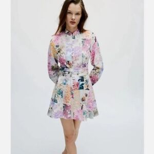 Zara Linen Blend Floral Dress Belted Long Sleeve Button Down Size S